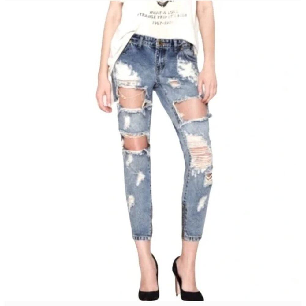 One Teaspoon Jeans Trashed Freebirds Distressed Denim Ankle Zip Grunge Biker, 27